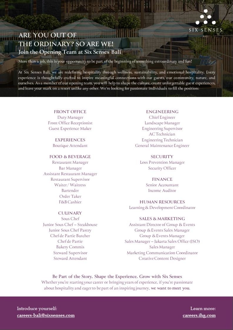Six Senses Bali Jobs | Six Senses Bali Vacancies 2026 | Six Senses Bali Careers | Job Openings at Six Senses Bali | JobKing | Six Senses Bali Job Opportunities 2026 | Six Senses Bali Job Vacancy 2026 | Six Senses Bali Recruitment 2026 | Hotel Jobs Indonesia